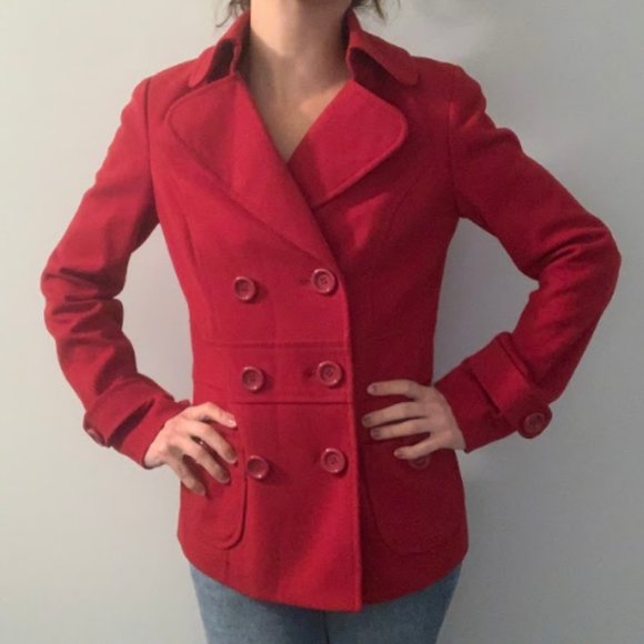 Bright Red Pea Coat Forever 21 - Picture 4 of 10